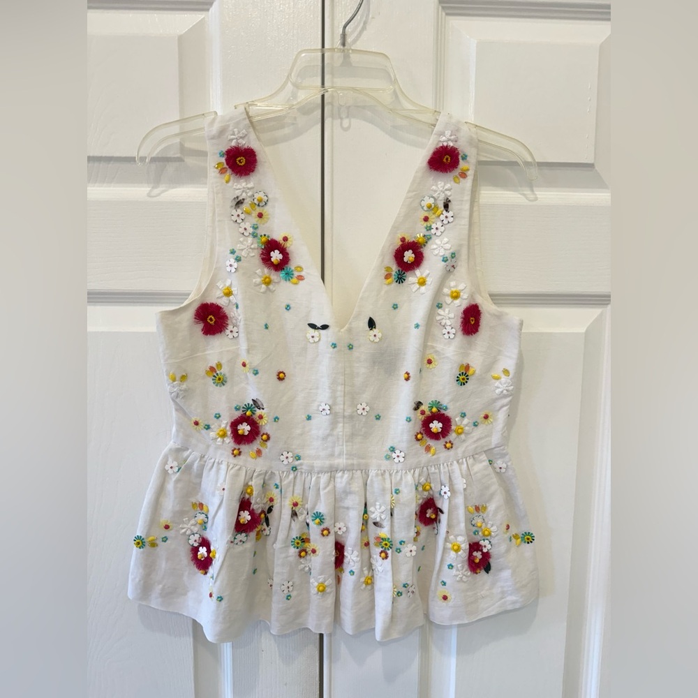 3D Beaded embroidered Linen peplum top